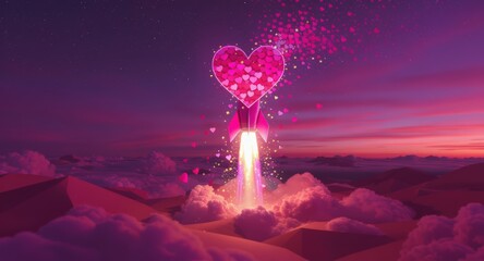 Bright Pink Heart Rocket Launching in Fantastical Cloudscape at Sunset