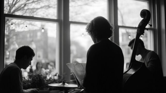 Black and white photograph of a group of three people sitting in front of a large window. the window is open, letting in natural light and offers a view of a cityscape outside.