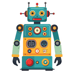 Naklejka premium Retro Teal and Yellow Robot With Vintage Style and Cartoonish Features Standing Against White Background