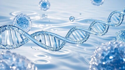 A gradient of blue and white with water droplets, bubbles, and liquid waves floating, forming the shape of a DNA chain.