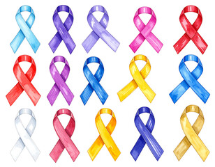 A collection of watercolor-style awareness ribbons in various colors against a stark black background