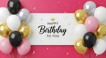 Bright birthday celebration with balloons and confetti on pink background