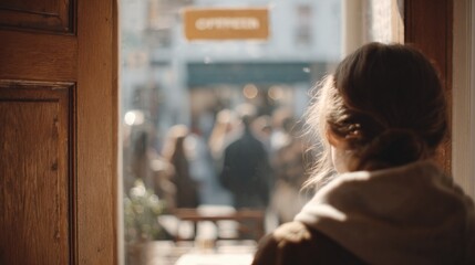 Young woman with her back to the camera, looking out of a window. she is wearing a brown jacket and her hair is tied up in a bun. the window is made of wood and has a wooden frame.