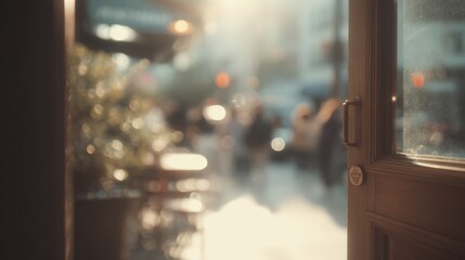 Close-up of a wooden door with a handle and a glass window. the door is open and the background is blurred, but it appears to be a busy street with people walking on the sidewalk.