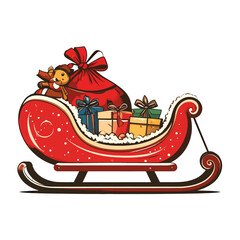 Naklejka premium Red Sleigh Laden With Gifts And A Teddy Bear Ready For Christmas Delivery Winter Season Celebration
