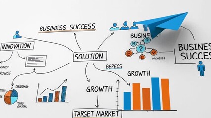 A 3D render of a business strategy mind map, illustrating the connection between innovation, solutions, and market growth for corporate success