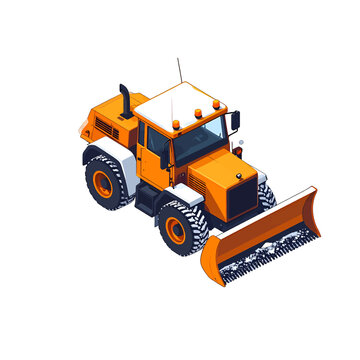 Orange snow plow vehicle with a white cab and large tires on a white background isometric view