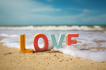 Colorful "LOVE" Word Sign on a Sandy Beach with Ocean Waves - Romantic Summer Vacation Concept