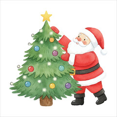 Santa Placing Star on Christmas Tree Watercolor Illustration
