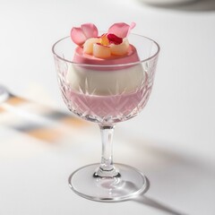Panna cotta with rose and lychee served in crystal glass, elegant exquisite dessert for Valentine's Day on white background