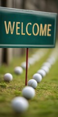 Welcome sign on golf course with line of balls