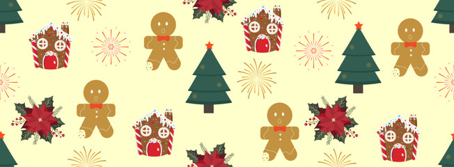 Seamless New Year's pattern with a Christmas tree, gingerbread man, fireworks and a winter flower on a light background.Elements for printing,wallpaper, paper and packaging.Vector illustration