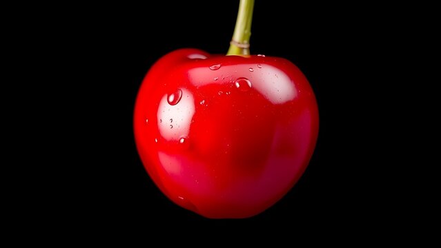 Macro shot of a ripe cherry with water droplets, vibrant red against a dark background, emphasizing freshness.