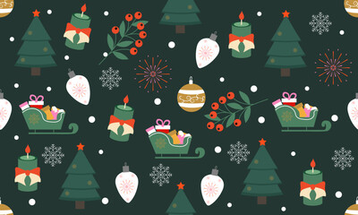 Seamless pattern with Christmas trees, toys and Christmas decorations on a green background.Elements for printing,wallpaper,fabrics,packaging.Vector illustration