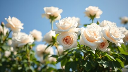 Obraz premium White roses blooming under a clear blue sky, symbolizing purity and springtime.