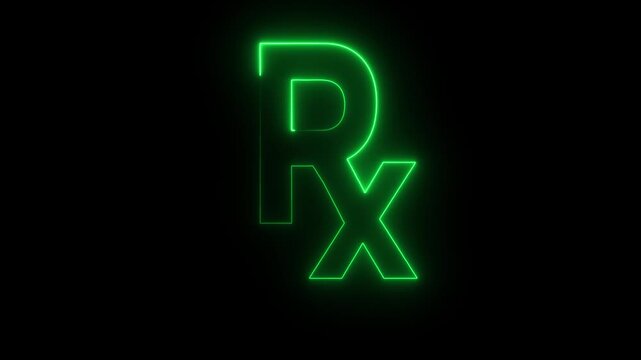 Glowing neon Rx pharmacy medicine flat icon for app animation.