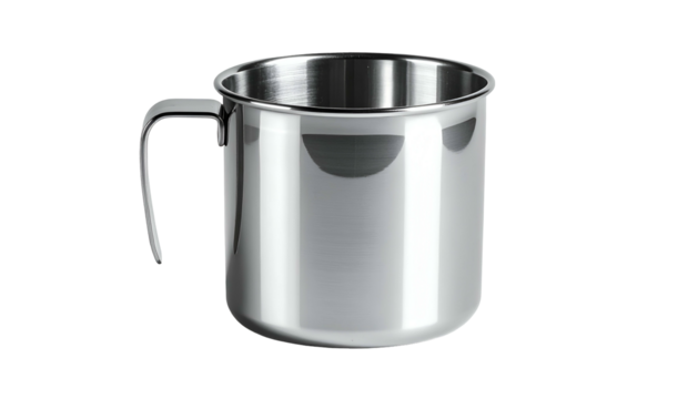 Shiny, silver, stainless steel mug with handle on black background