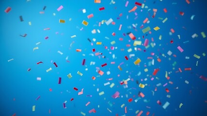 Colorful confetti falling dynamically against a solid blue background, conveying a sense of joyful celebration.