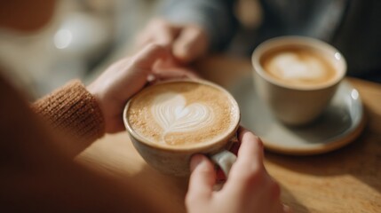 Fototapeta premium Two cups of coffee on a wooden table. the cups are white and have a heart-shaped latte art design on top.