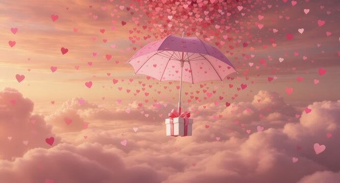 Pink Umbrella Carrying Gift Box Floating in Sky with Heart Shaped Bubbles Amid Sunset Clouds