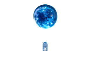 A cosmic orb, resembling a planet with nebulae, floats above an ornate, architectural doorway against a stark black background