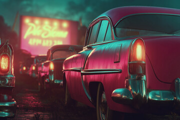 Vintage drive-in cinema with classic cars and glowing screen in dreamy atmosphere