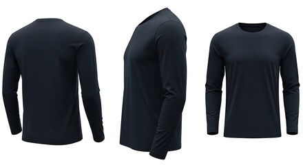 Three views of a plain black longsleeved tshirt, isolated on white background