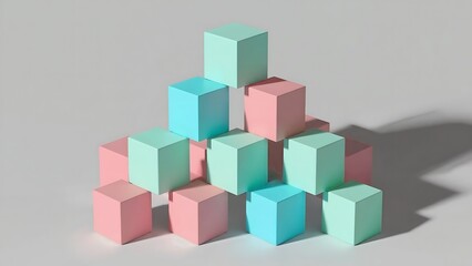 Obraz premium Pastel Cubes Pyramid: A minimalist composition of pink, blue, and green cubes stacked in a pyramid shape against a grey background.