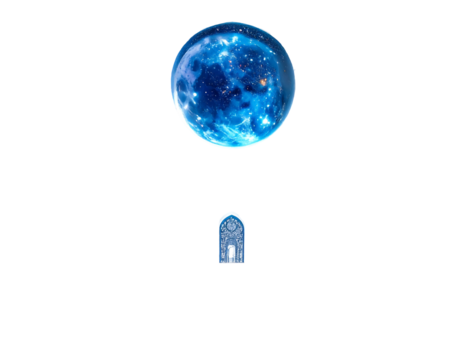 A cosmic orb, resembling a planet with nebulae, floats above an ornate, architectural doorway against a stark black background