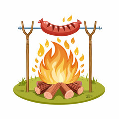 Joli petit feu de camp, avec une saucisse en train de griller sur une broche