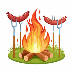 Joli petit feu de camp, avec une saucisse en train de griller sur une broche