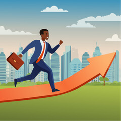 Un homme d'affaire qui court le long d'une courbe graphique rouge ascendante en forme de flèche, en arrière plan une ville moderne constituée de gratte-ciels, concept hausse, tendance, croissance