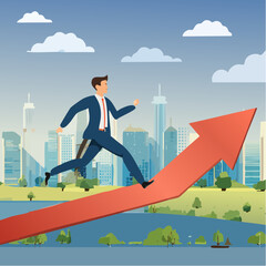 Un homme d'affaire qui court le long d'une courbe graphique rouge ascendante en forme de flèche, en arrière plan une ville moderne constituée de gratte-ciels, concept hausse, tendance, croissance