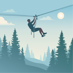 Homme suspendu dans le vide à une tyrolienne, sapins, vallée, impressionnant, sport extrême, loisir