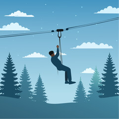 Homme suspendu dans le vide à une tyrolienne, sapins, vallée, impressionnant, sport extrême, loisir