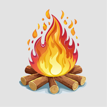 Joli petit feu de camp flammes imposantes, rouge orang&eacute;e, isol&eacute; sur fond blanc