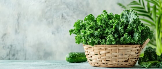 Fresh green kale and cucumber in woven basket on textured surface reflecting healthy eating and natural bounty.