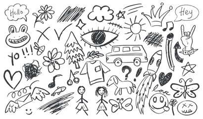 Set of hand drawn sketches with cartoon elements, chalk and crayon scribbles, rough marker drawings, vector illustrations for poster design and social media for children or teenagers