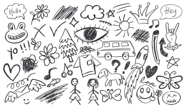 Set of hand drawn sketches with cartoon elements, chalk and crayon scribbles, rough marker drawings, vector illustrations for poster design and social media for children or teenagers