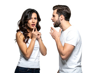 A couple, dressed in white tops, appears to be in an argument, with gestures of surprise, concern, and anger