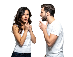 A couple, dressed in white tops, appears to be in an argument, with gestures of surprise, concern, and anger