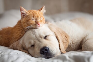 Obraz premium Cozy moments shared between a cat and dog on a soft blanket