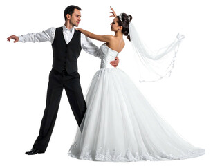 A couple in formal attire gracefully dances, the woman wearing a flowing white gown and veil. The man dons a suit