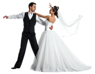 A couple in formal attire gracefully dances, the woman wearing a flowing white gown and veil. The man dons a suit