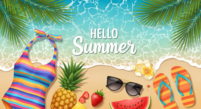 Hello summer beach scene with tropical fruits swimsuit sunglasses and flip flops