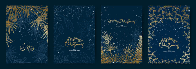 Fototapeta na wymiar Christmas cards set. Hand drawn winter blue backgrounds with snow and golden fir branches. Abstract trendy vector illustration