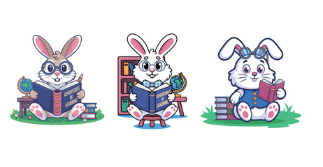 Delightful bunnies reading books, inspiring learning and adventure, perfect for educational materials, children's books, and playful designs, a charming collection