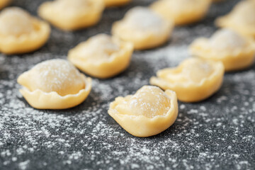 Fresh uncooked cappelletti sprinkled with flour on black stone background