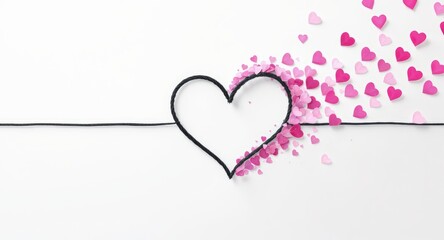 Heart Shape Wire with Pink Heart Confetti on White Background for Love and Romance Themes