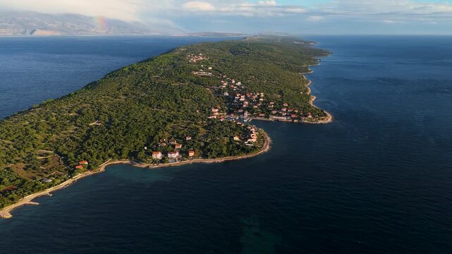 Cinematic Aerial View of Lun, Pag Island, Croatia &ndash; Peaceful Adriatic Coastline, Wild Nature, Olive Forests and Turquoise Sea